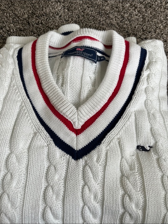 Vineyard Vines Other - Vineyard Vines. White Cable Knit V-Neck Sweater with Navy & Red Trim!  Americana